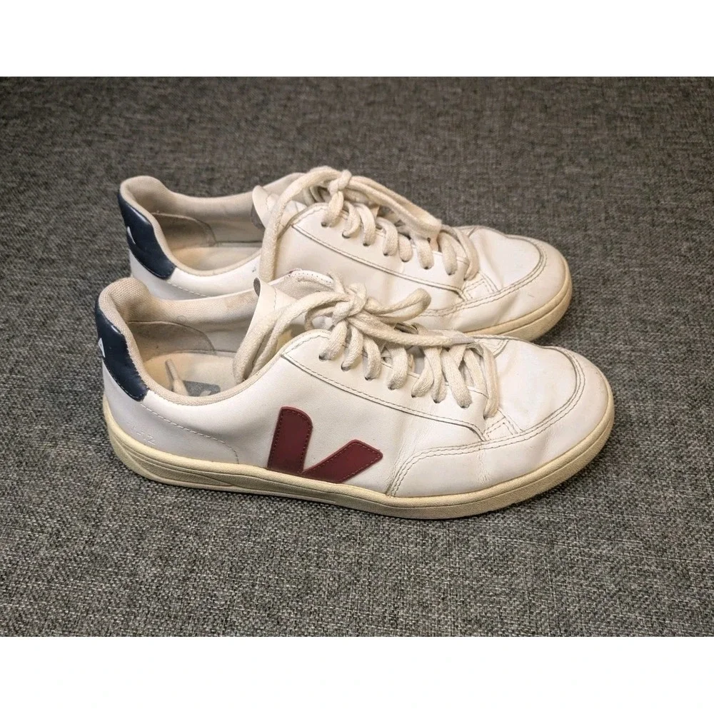 VEJA V-12 Leather Shoes White / Red Marsala Nautico Men's Size 8.5 Sneakers